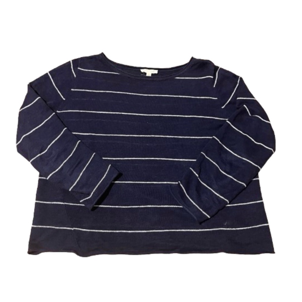 Eileen Fisher Navy & White Stripes Organic Linen Long Sleeve Sweater Size M
